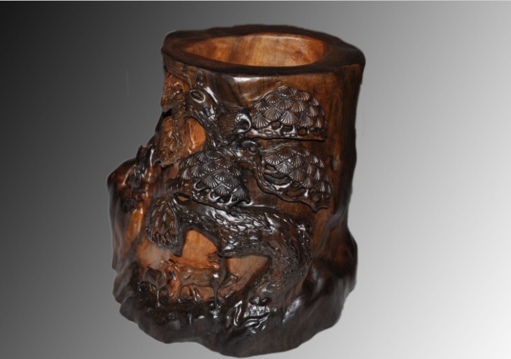 烏木金絲楠——松鶴筆筒